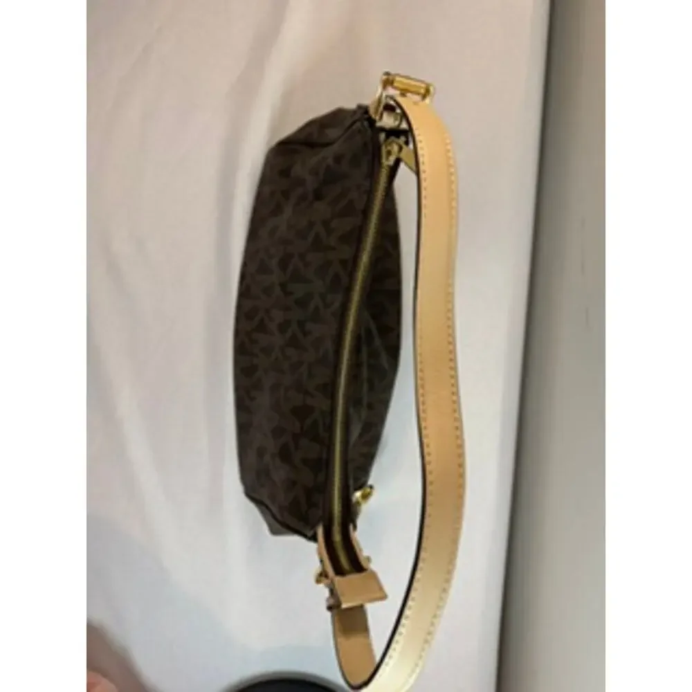 Michael Kors Signature MK Logo Shoulder Bag Brown Tan Gold Hardware